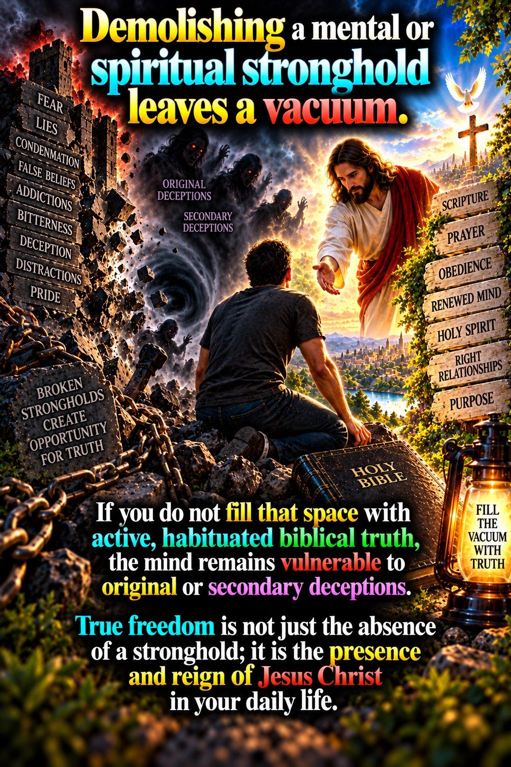 Jesus offers freedom and truth after breaking spiritual strongholds.