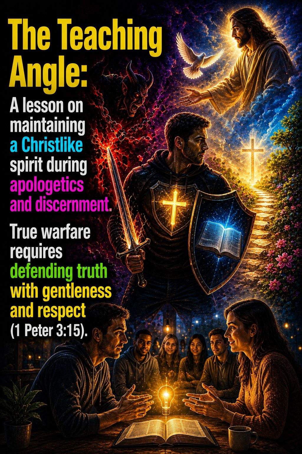 A man symbolically defends faith with a sword and shield against evil, while others engage in a spiritual discussion.