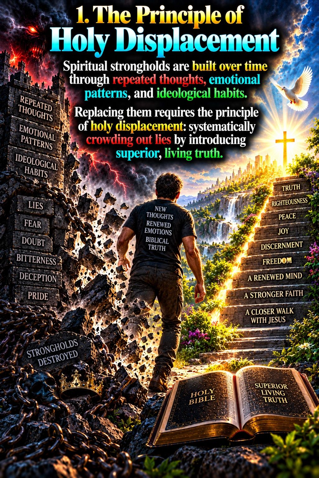 Illustration of spiritual warfare emphasizing holy displacement to overcome lies.