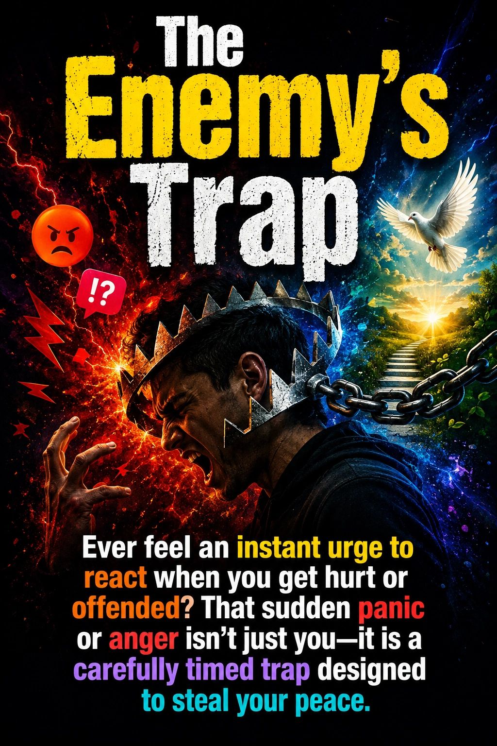 Man trapped in a bear trap with conflicting emotions around him.