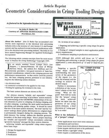 Reprint titled “Geometric Considerations in Crimp Tooling Design” article.