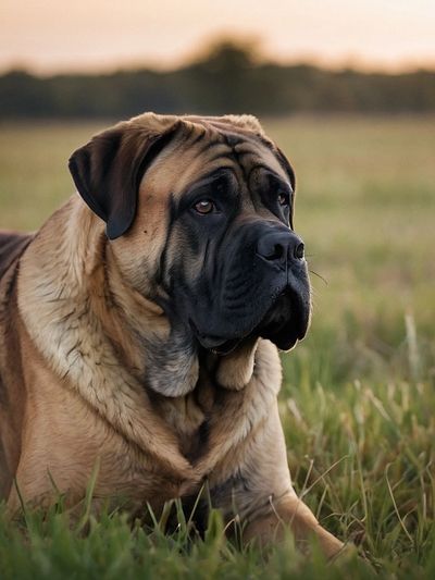 English Mastiff Female sitting in the grass.