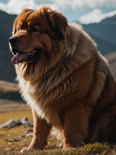 Tibetan Mastiff Sitting Outside on a Grassy Plain