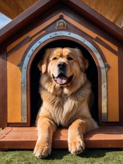 Dog House with a Tibetan Mastiff inside.