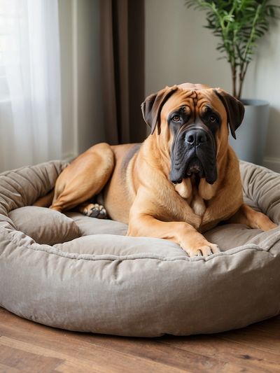 Large breed dog bed with a Mastiff on top