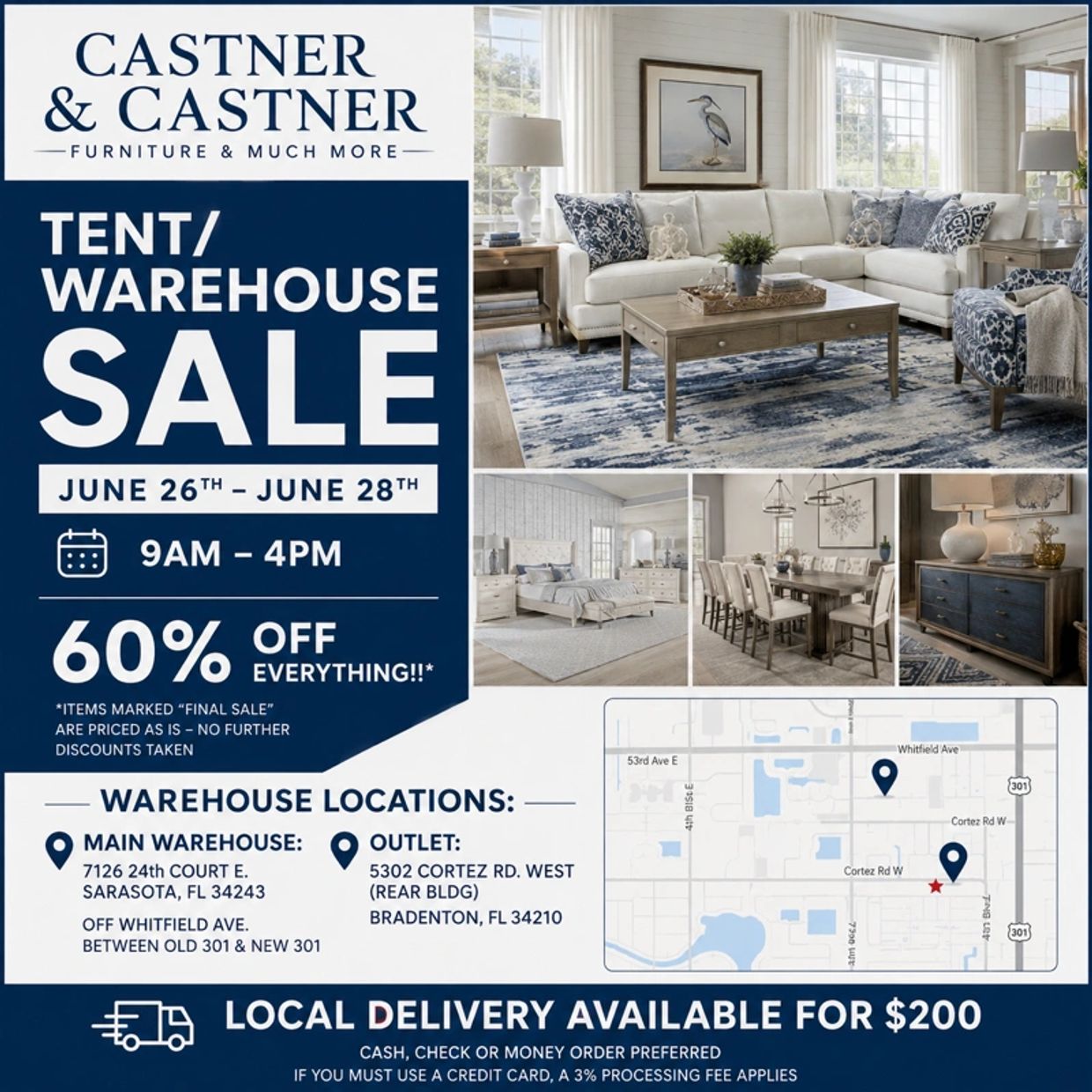 Castner &amp; Castner furniture warehouse sale June 26-28, up to 60% off, local delivery available.