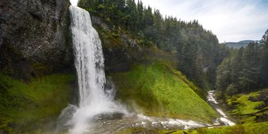 Waterfall surrounded by a lush green North West forest.
