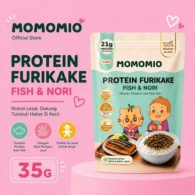 Momomio Protein Furikake with fish and nori for kids' nutrition and growth.