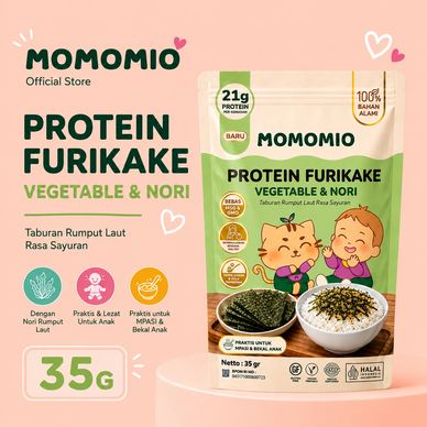 Momomio Protein Furikake with vegetable and nori, 35g pack.