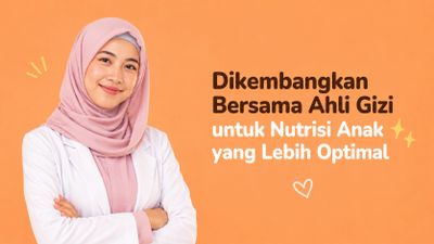 Wanita berhijab tersenyum dengan latar oranye dan teks tentang nutrisi anak.