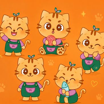 Cute cartoon cats with plant sprouts on heads in various poses.
