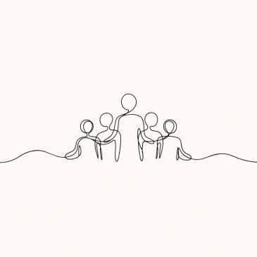 Minimalist continuous line drawing of a group of five people standing together.