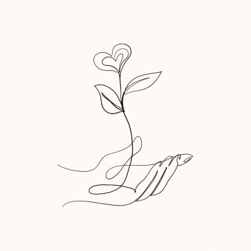 Minimalist line drawing of a hand holding a flower with heart-shaped petals.