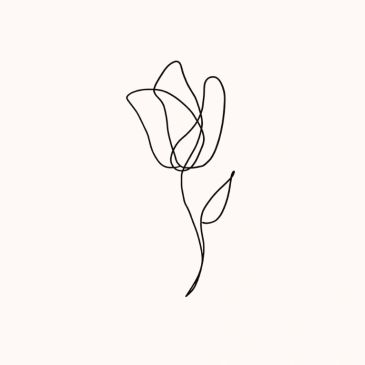 Minimalist single-line drawing of a flower with one leaf.