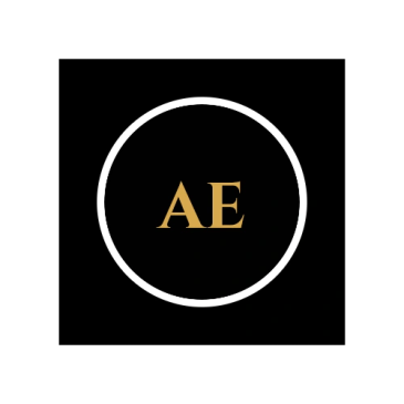 White circle with gold letters 'AE' on black background.