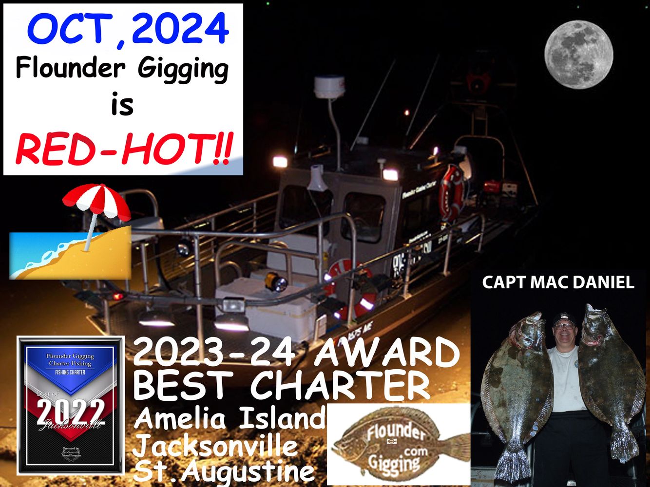 Our boat, the Flounder Barge, by the edge of the water in October, 2024. Text us at 904-556-0230.