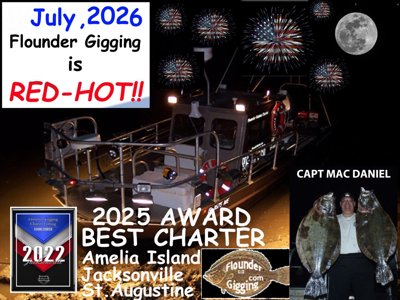 Our boat, the Flounder Barge, by the edge of the water in July, 2026. Text us at 904-556-0230.