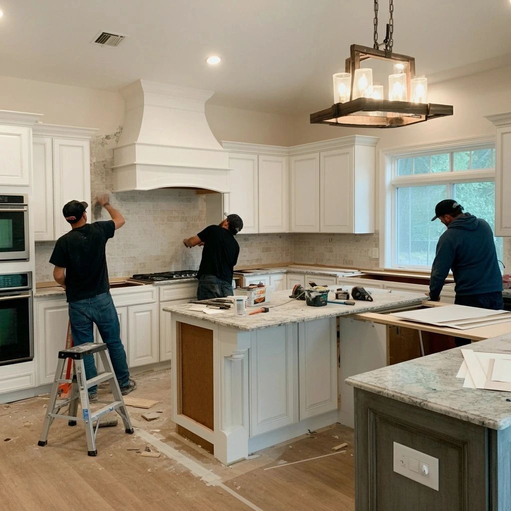 Three workers renovating a kitchen with white cabinets and marble countertops.