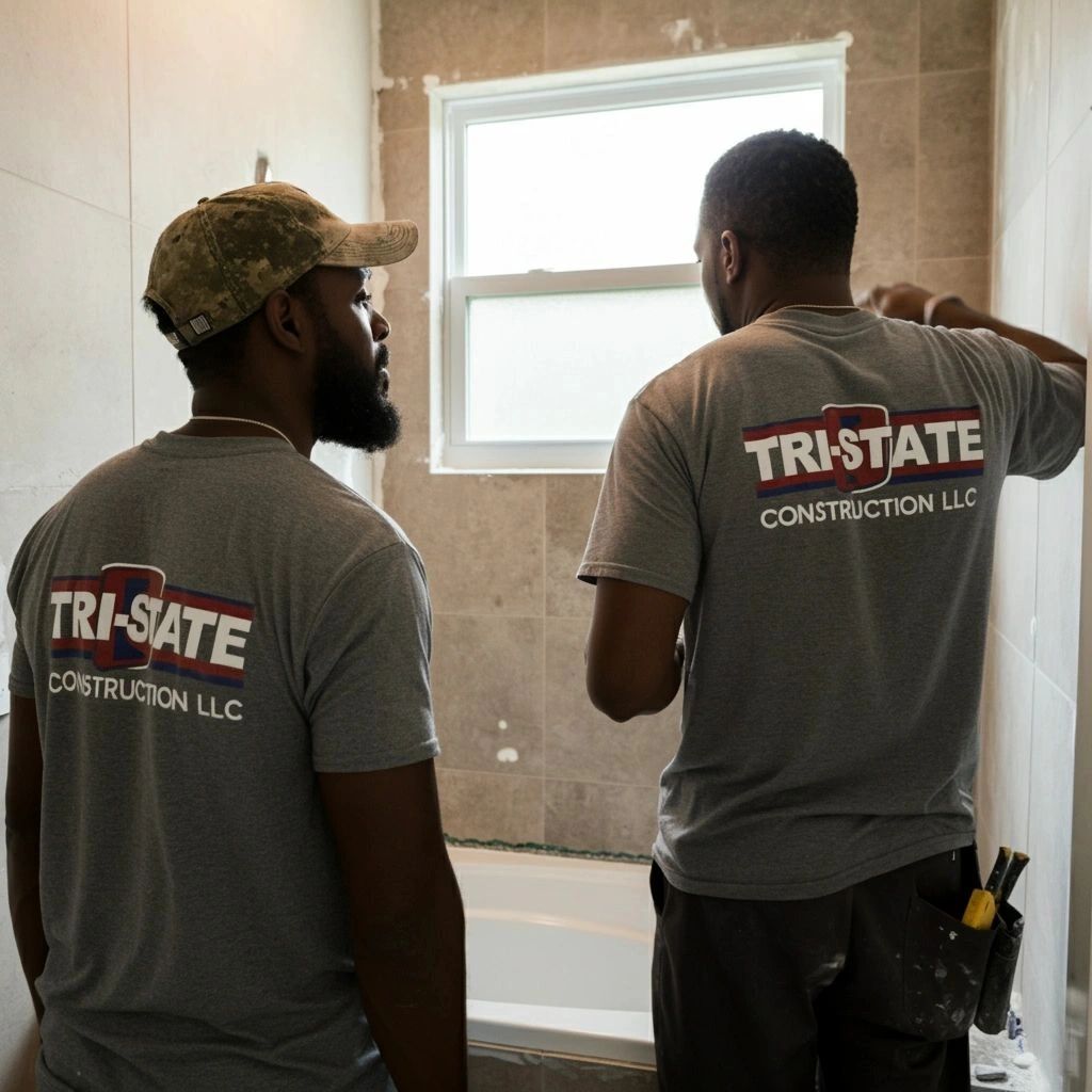 Two construction workers from Tri-State Construction LLC working in a bathroom.