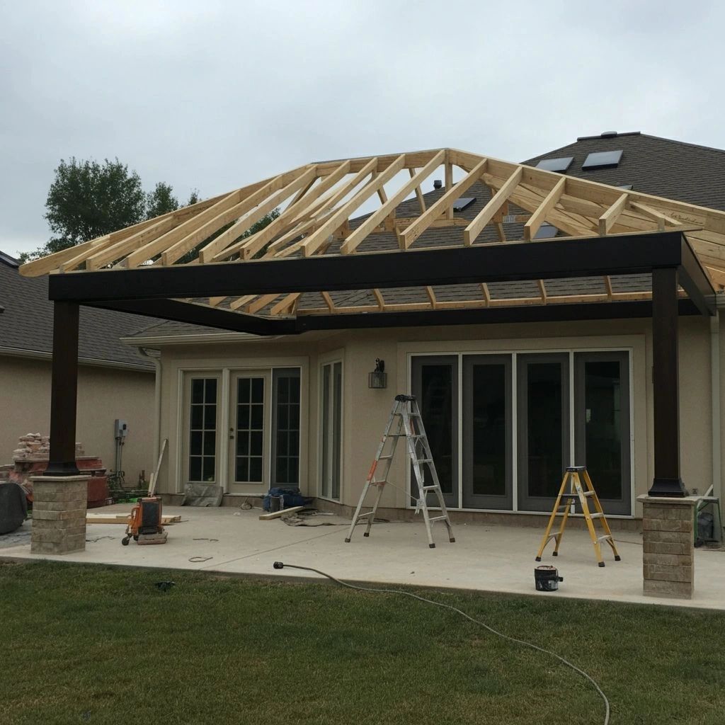 Construction of a wooden patio roof frame on a backyard patio.