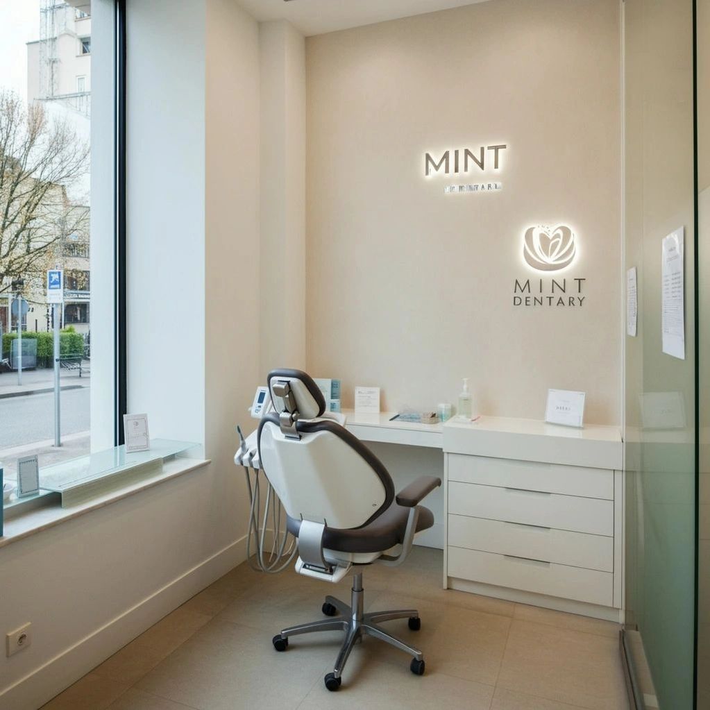 Modern dental clinic room with a dental chair and clean white decor.