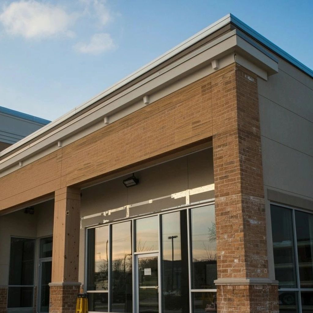 Empty commercial building with glass doors and brick pillars under a clear sky.