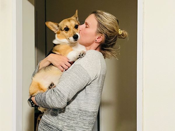 Woman holding and kissing a corgi dog indoors.