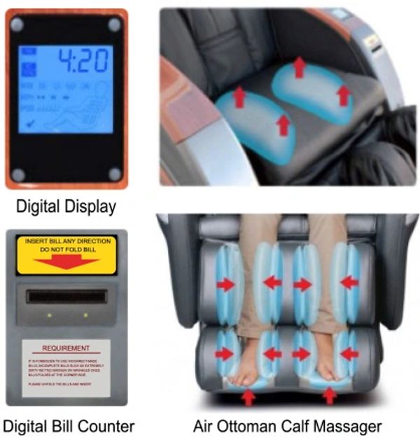 Massage Chair Features, leg massage, cash or card