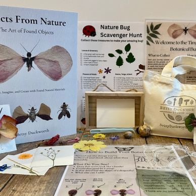 Nature-themed craft kit with instructions and natural materials.