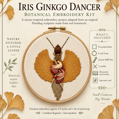 Botanical embroidery kit featuring Iris Ginkgo Dancer design.