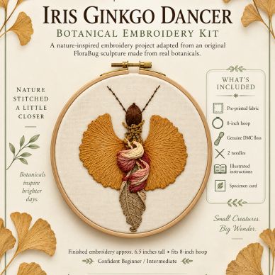 Botanical embroidery kit featuring Iris Ginkgo Dancer design.