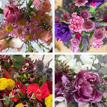 Four vibrant floral arrangements showcasing diverse flowers and colors.