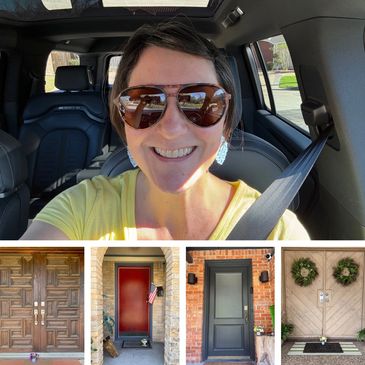 Woman in sunglasses takes a selfie, below are four different front doors with various styles and decorations.