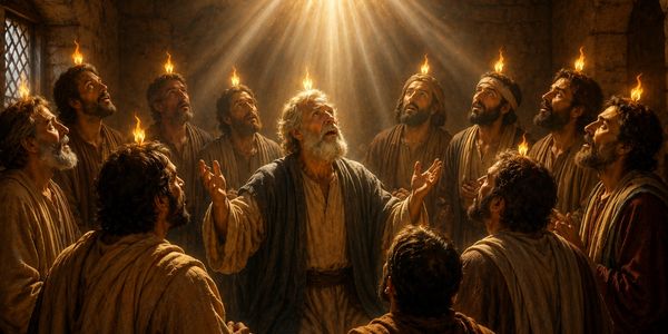 A group of men with flames above their heads in a dimly lit room.