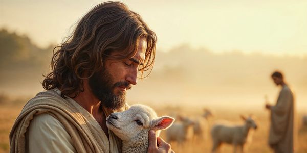 Man tenderly holding a lamb in a pastoral setting.