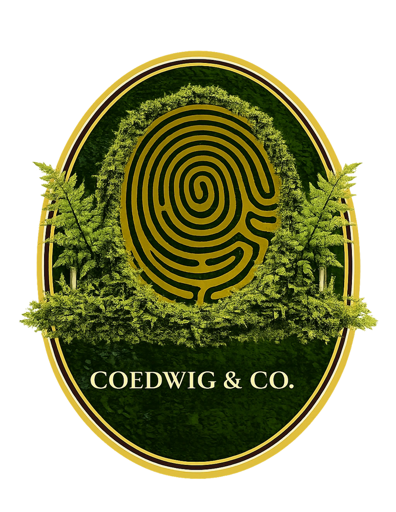 Green fingerprint maze logo with foliage and text Coedwig & Co.