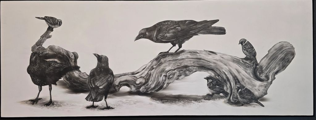 Smoke art drawing of crows and sparrows, wildlife birds on driftwood 