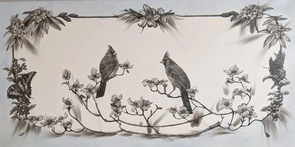 North Carolina art drawing of cardinals in a fumage technique