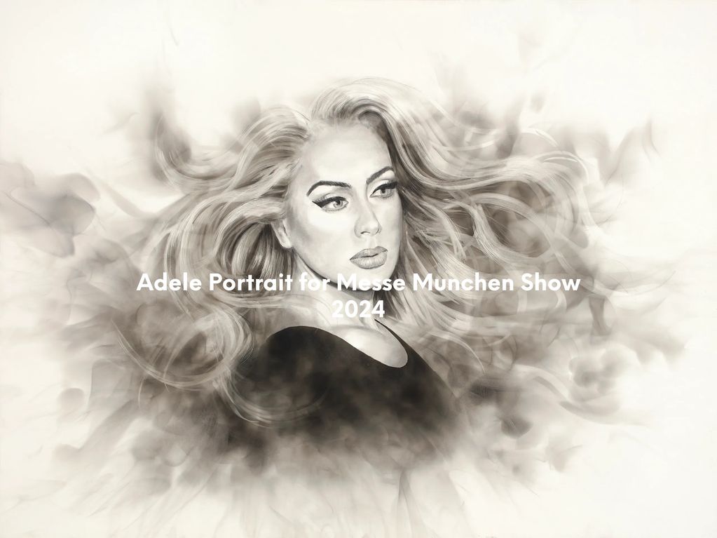 Fumage portrait drawing of Recording artist Adele. Munich poster art 2024, 