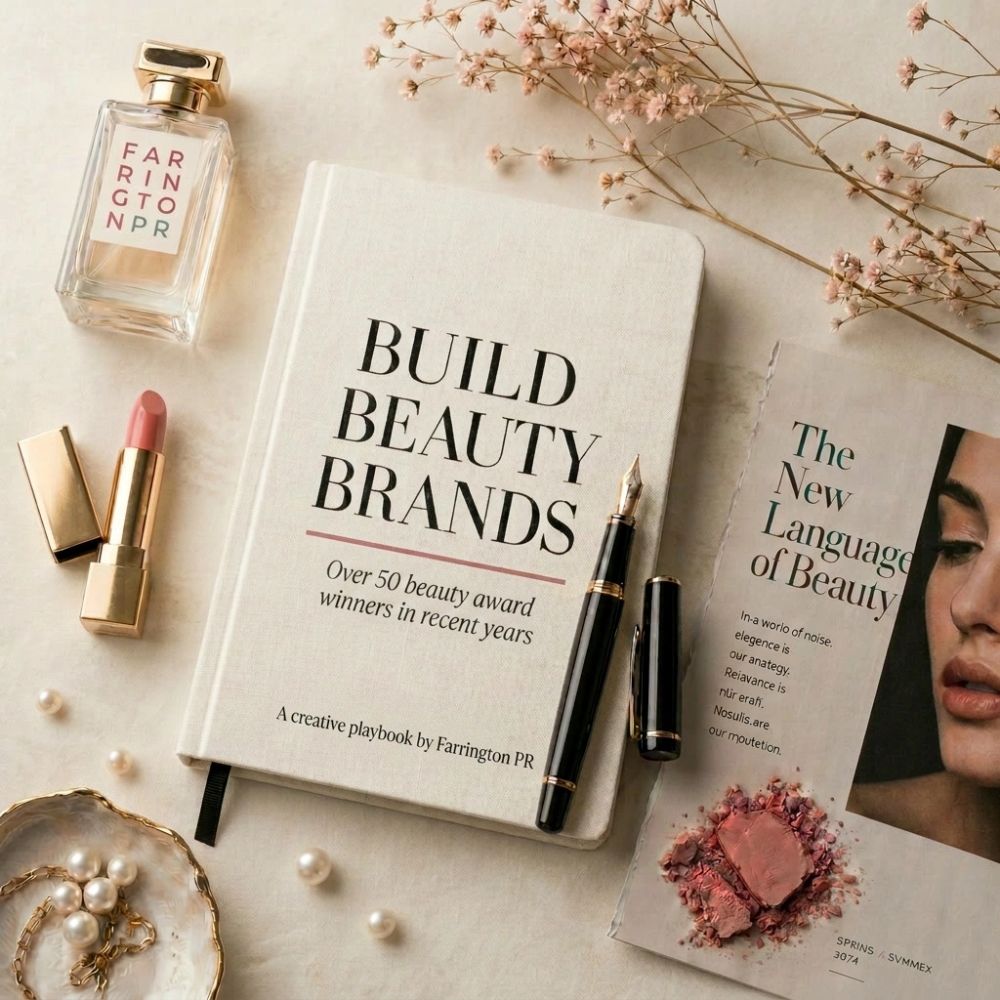Build Beauty Brands playbook by Farrington PR, a beauty PR agency, surrounded by flowers.