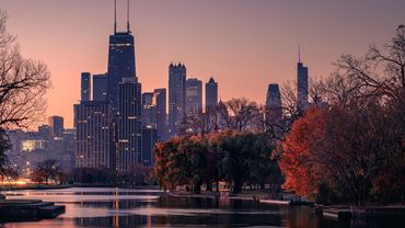 The last of the fall colors were surrounding Diversey Harbor reflecting Chicago's skyline
