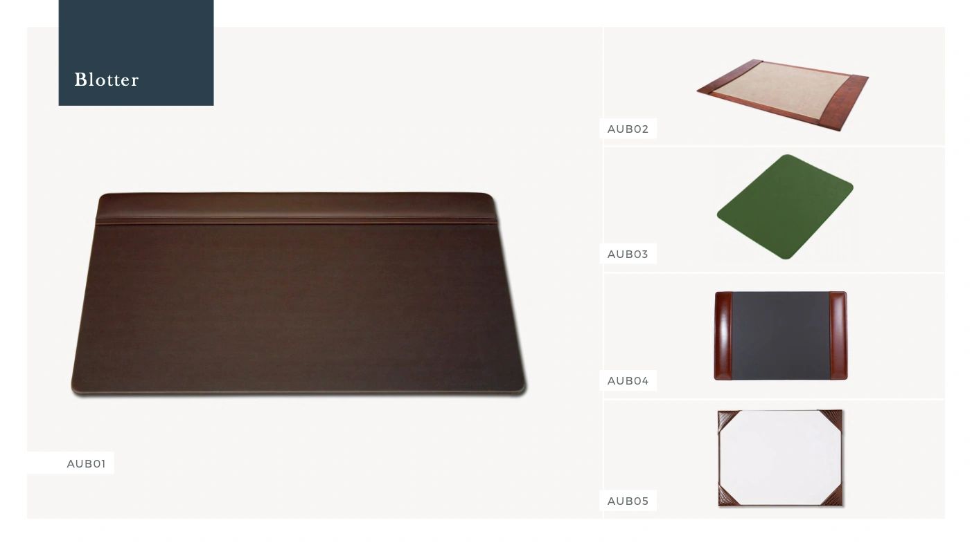 Various blotters for desks in different colors and styles.