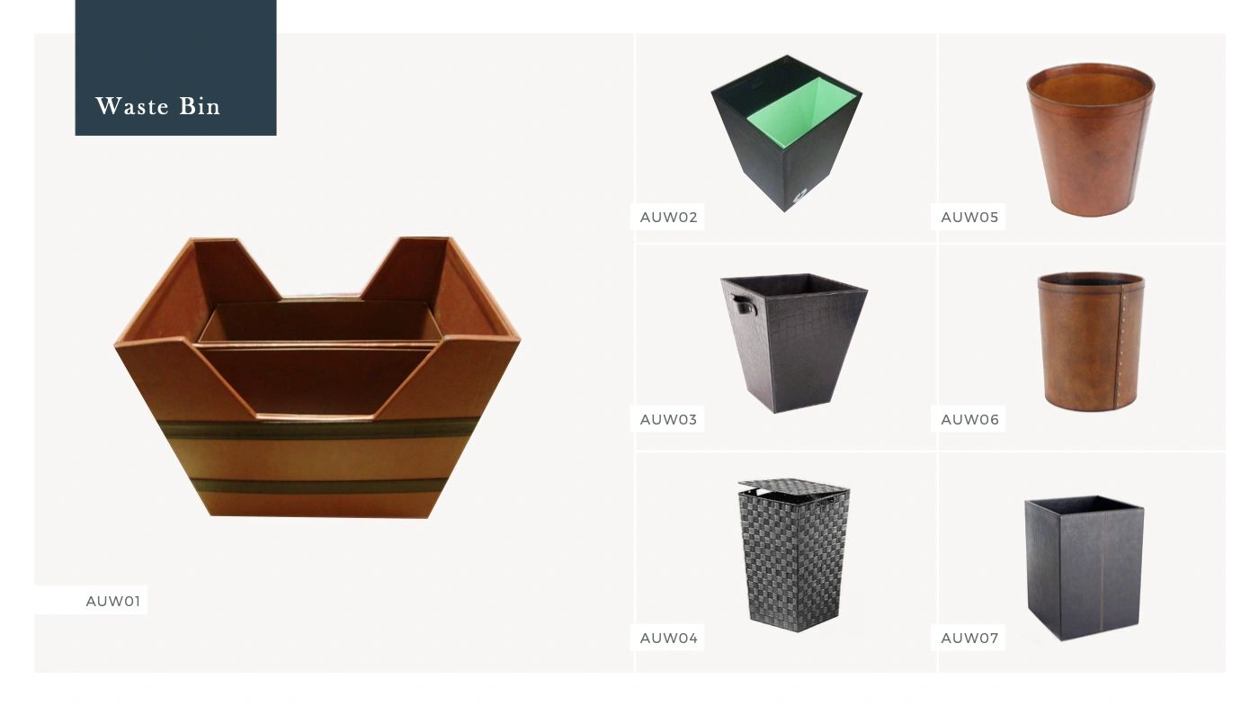 Collection of various stylish waste bins in different designs and colors.