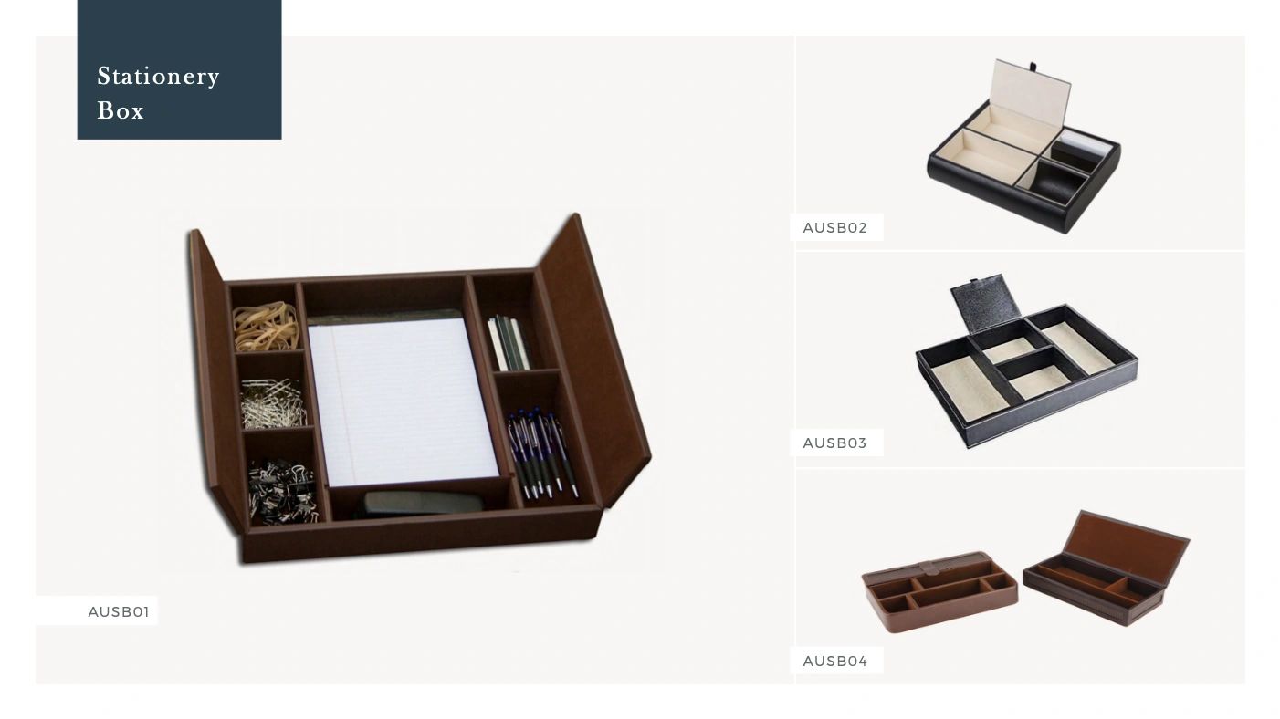 Various styles of stationery boxes, some with compartments and lids.