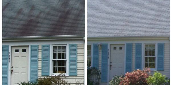 Picture of dirty roof and same roof after roof cleaned