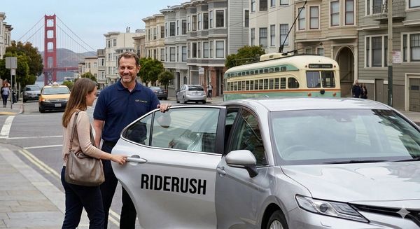 A woman entering a Riderush car with a driver on a San Francisco street.