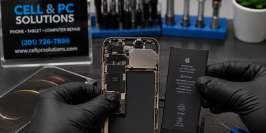 Technician holding a disassembled iPhone and its battery in a repair shop.
