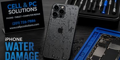 iPhone with water droplets indicating water damage repair services.
