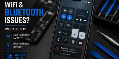 iPhone showing WiFi and Bluetooth connection issues with repair tools.