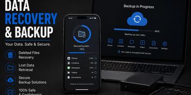 Data recovery and backup process on phone and laptop with secure solutions.